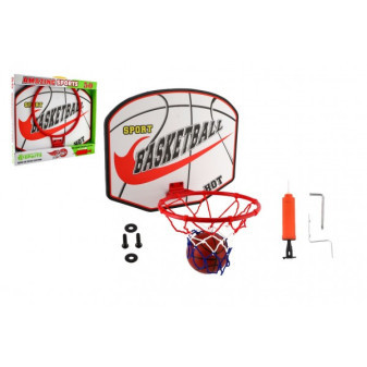 Basketbalový koš dřevo/kov/síťka/míč s pumpičkou v krabici 49x42x4cm