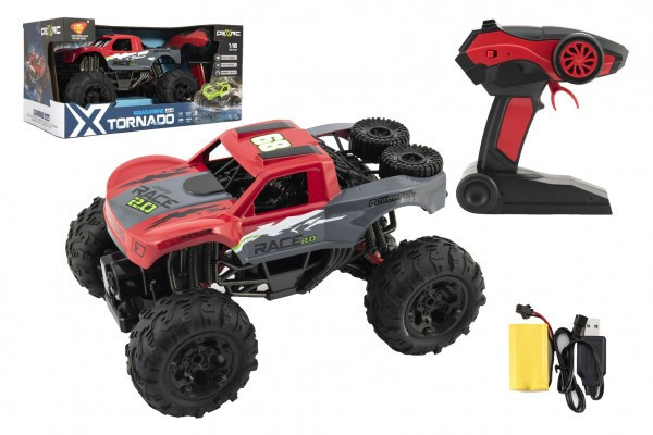 Auto RC terénní 4x4 červené plast 29cm 2,4GHz na dálkové ovládání + dobíjecí pack v krabici