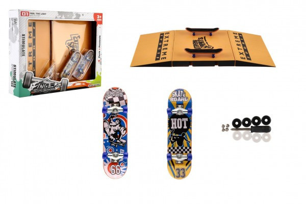 Skateboard prstový šroubovací 2ks plast 10cm s rampou s doplňky v krabičce 30x24x6cm