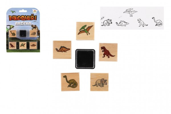 Razítka dřevěná 5+1 s poduškou dinosauři 3x3cm na kartě