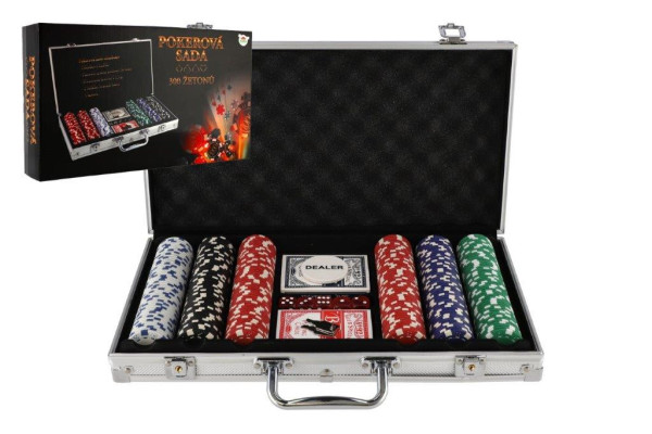 Poker sada 300ks + karty + kostky v hliníkovém kufříku v krabici 40x24x8cm