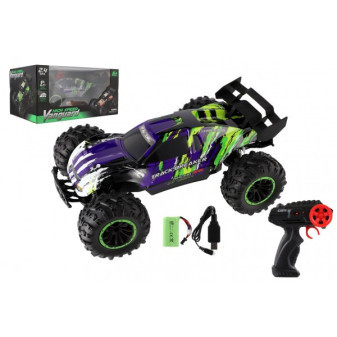 Auto RC Buggy rychlostní 2,4GHz plast 40cm dobíjecí pack+baterie na dálkové ovládání fialové v krabici 42x21x28cm