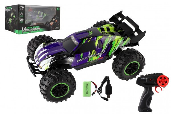 Auto RC Buggy rychlostní 2,4GHz plast 40cm dobíjecí pack+baterie na dálkové ovládání fialové v krabici 42x21x28cm