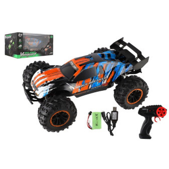 Auto RC Buggy rychlostní 2,4GHz plast 40cm dobíjecí pack+baterie oranžové-modré v krabici 42x21x28cm