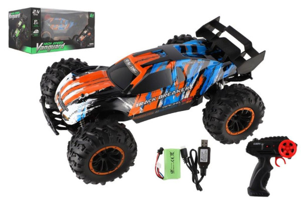 Auto RC Buggy rychlostní 2,4GHz plast 40cm dobíjecí pack+baterie oranžové-modré v krabici 42x21x28cm