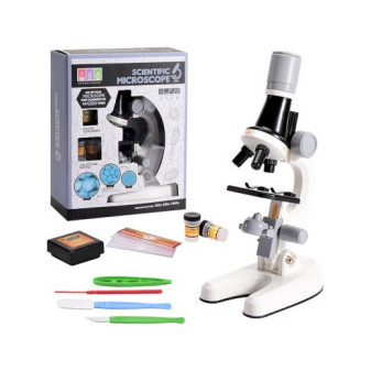 Mikroskop s příslušenstvím, bílý