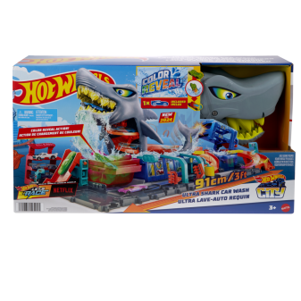 Mattel Hot Wheels City color reveal automyčka se žralokem HTN82