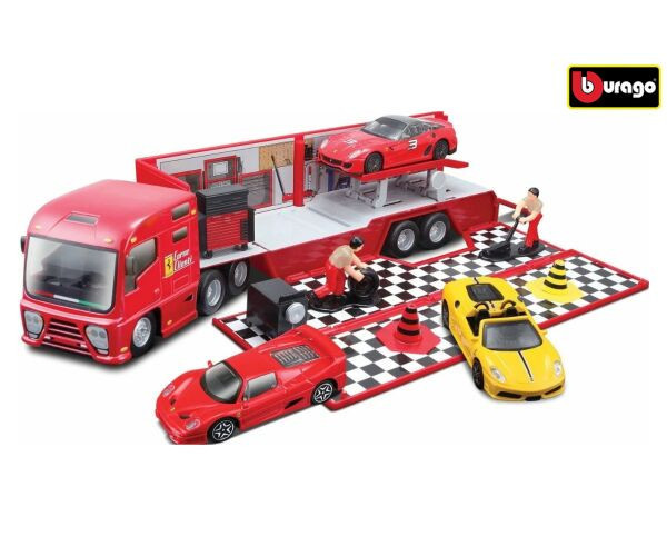 Burago Auto s přívěsem s doplňky Ferrari Race & Play plast v krabici 1:43