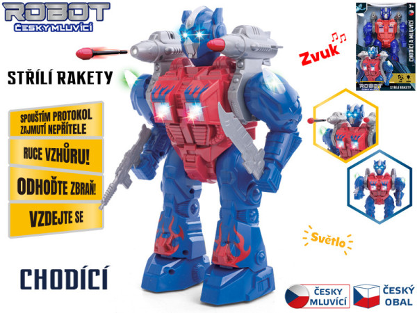 Robot 23cm na baterie česky mluvící chodící s doplňky, světlem a zvukem v krabičce