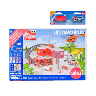 SIKU World 5508 požární stanice s hasičským autem a motorkou