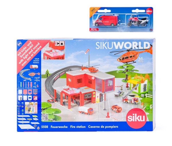 SIKU World 5508 požární stanice s hasičským autem a motorkou